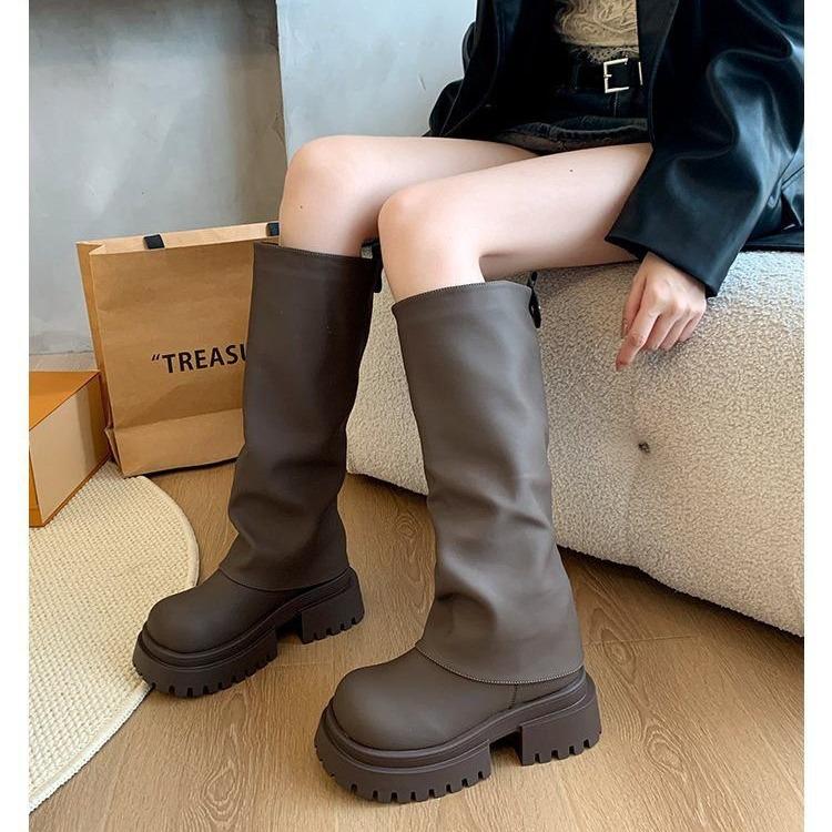 New Long Boots Women's Thick-soled High Tube Thin Summer Medium Tube Boots Stacking Boots Small Thin Boots Black