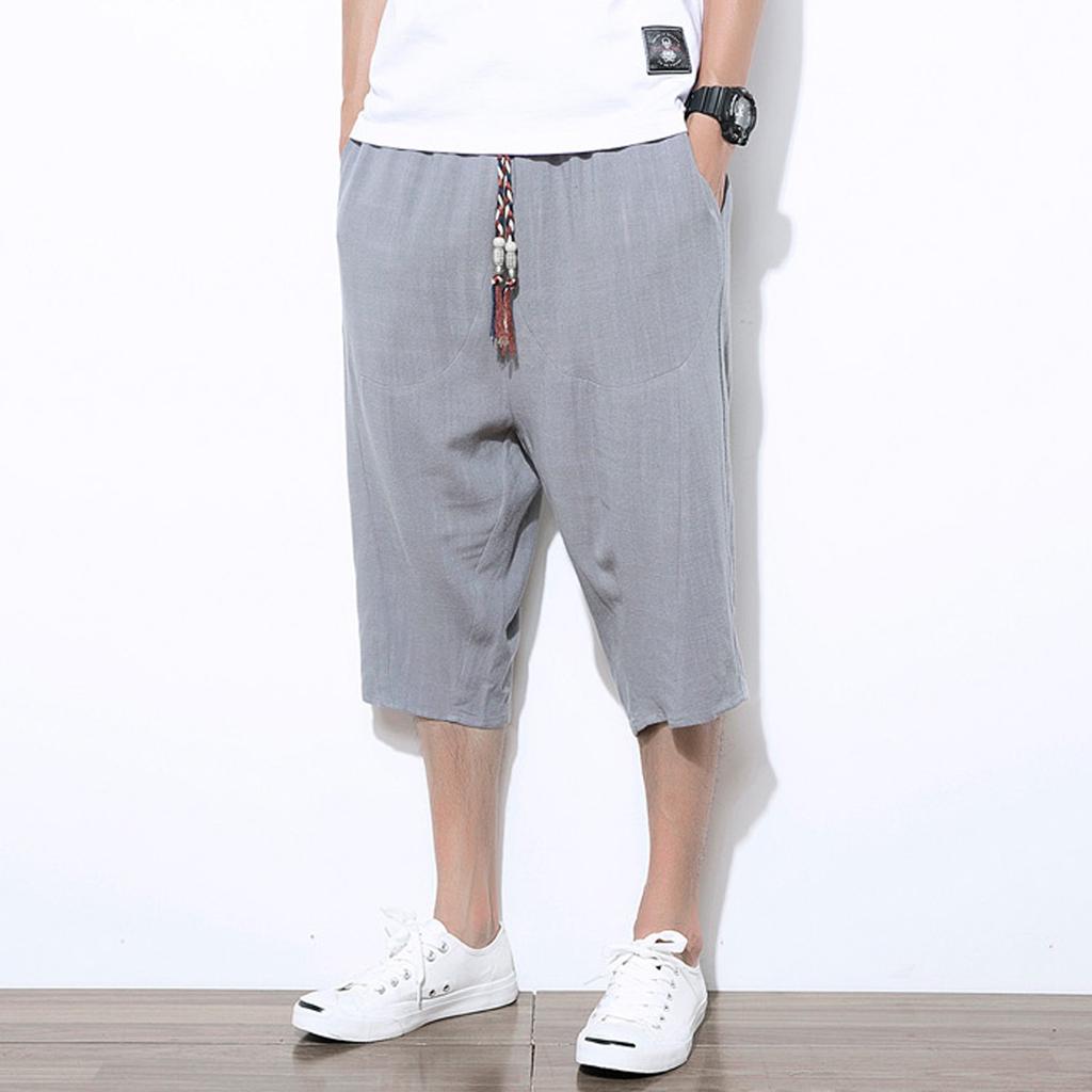 Men's Casual Solid Color Cotton Linen Lightweight Comfortable Casual Shorts Cropped Pants