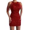2025 Spring Sexy Halterneck Off-Shoulder Tassel Sequin Dress - European & American Fashion