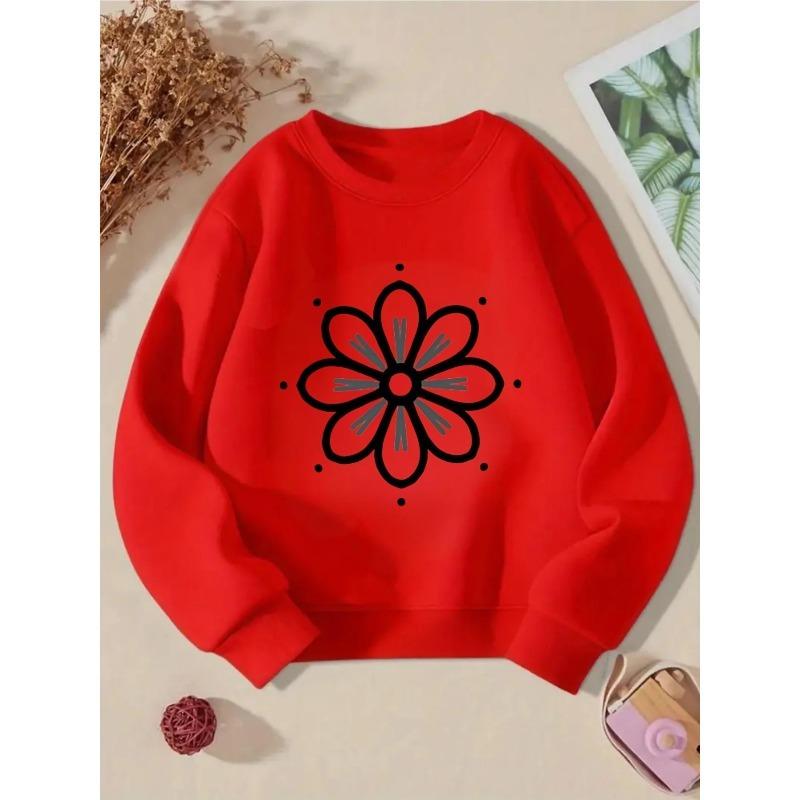 European Sizes Kids' Crewneck Sweatshirt - Black Flower with Gray Petals And Dots , Sportswear And Casual Wear, Soft And Comfortable, Clothing
