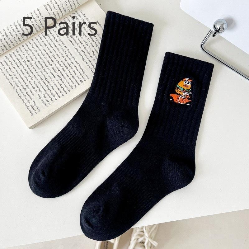 5 perechi de șosete absorbante de transpirație cu design de desene animate, pentru bărbați și femei, cu tub mediu lung, brodate