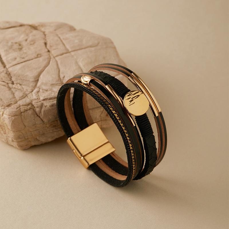 Vintage Rhinestone Braided Leather Bracelet for Women Bohemian Multilayer Wrap Wide Bracelets Party Jewelry Gifts