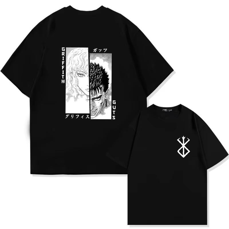 Japan Anime Berserk T-Shirt Guts Print Graphic Tee Men's 90s Summer Short Sleeve Casual Manga Dark Fantasy Black Swordsman Style