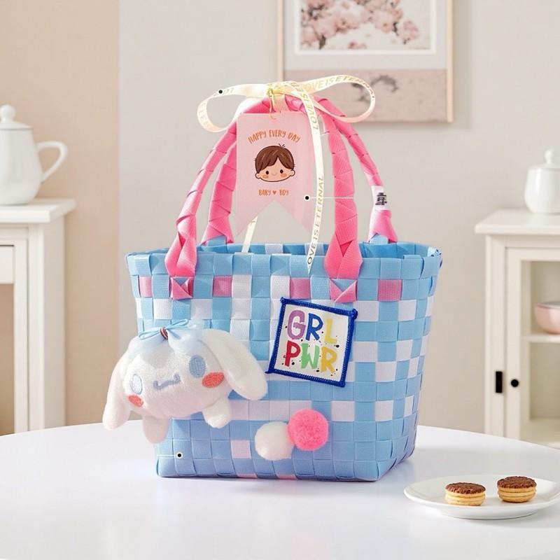 

Плетеные корзины Мультяшные Портативные Новый стиль Цветные Клетчатые Милые Квадратные Соломенные Плетеные Сумки Ручные Женские Универсальные Small 20x9.5x15