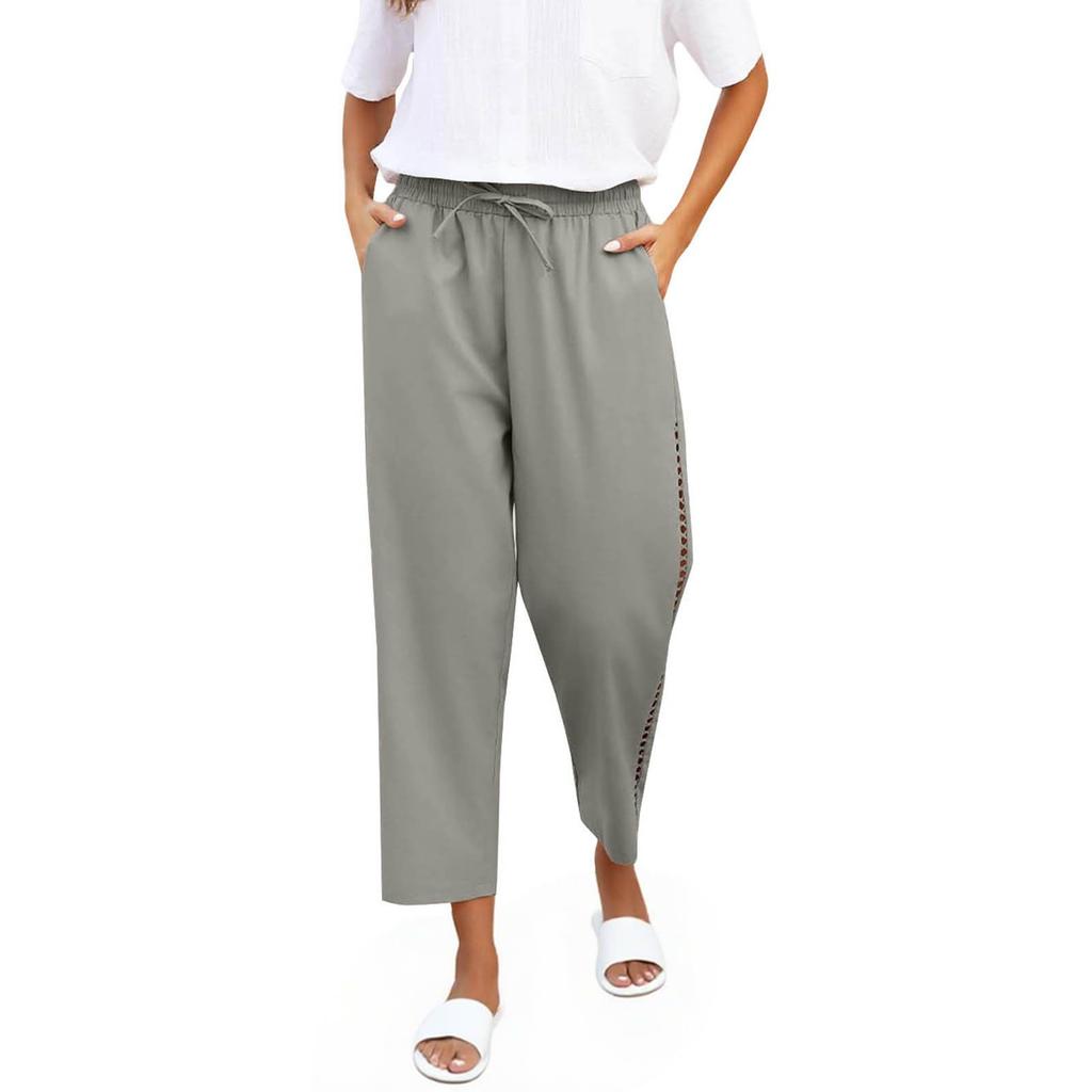 Women Elastic High Waist Pant Casual Fit Wide Leg Long Pants Trousers With Pockets