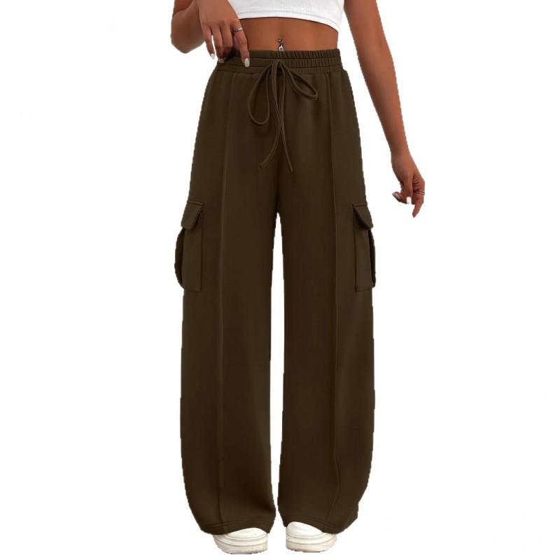 Womens Wide Leg Casual Pants Winter Mid-Rise Loose Fit Joggers With Drawstring Waist Comfortable Everyday Trousers