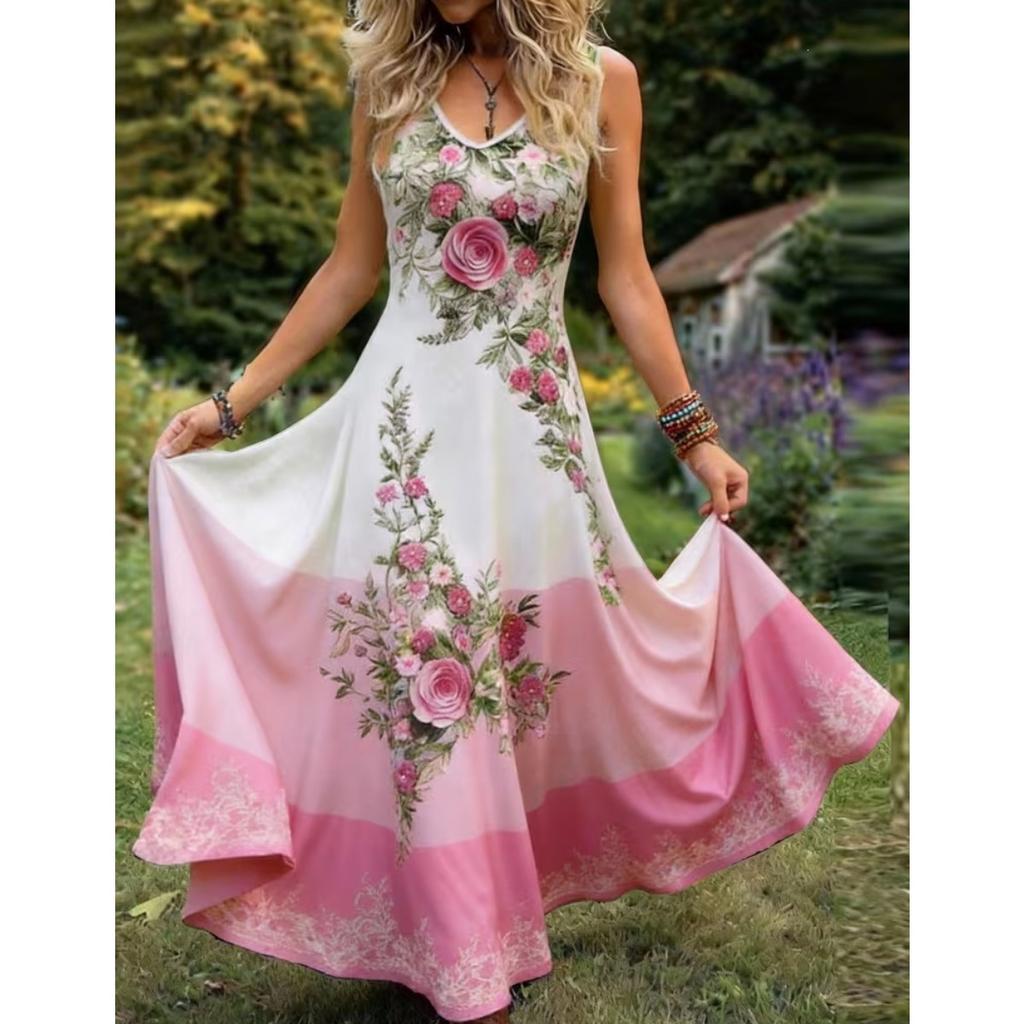 Summer New Plus Size Women's Elegant Sleeveless V-neck Print Long Dress Leisure