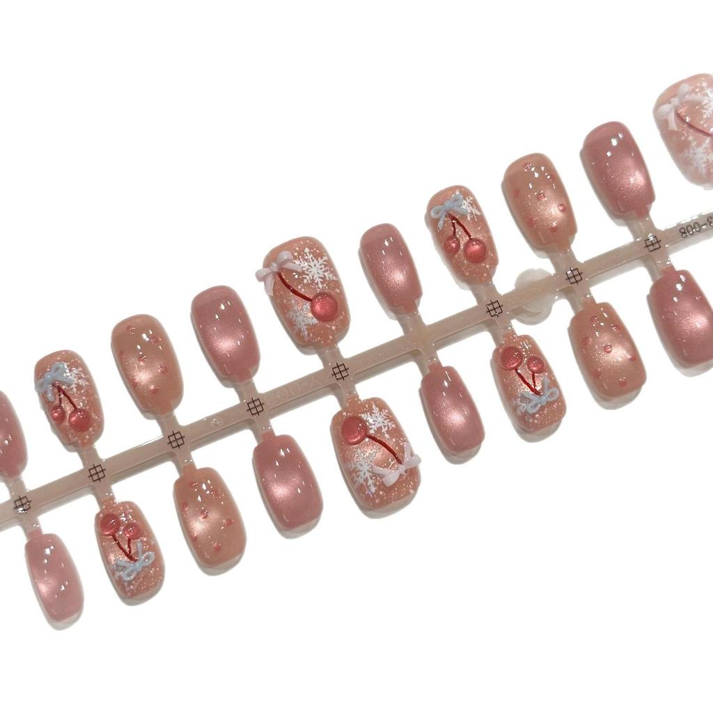 30-Piece Sweet Cherry Resin Nails: Pre-Made Short Ladder Design for a Luxurious and Brightening Princess Look