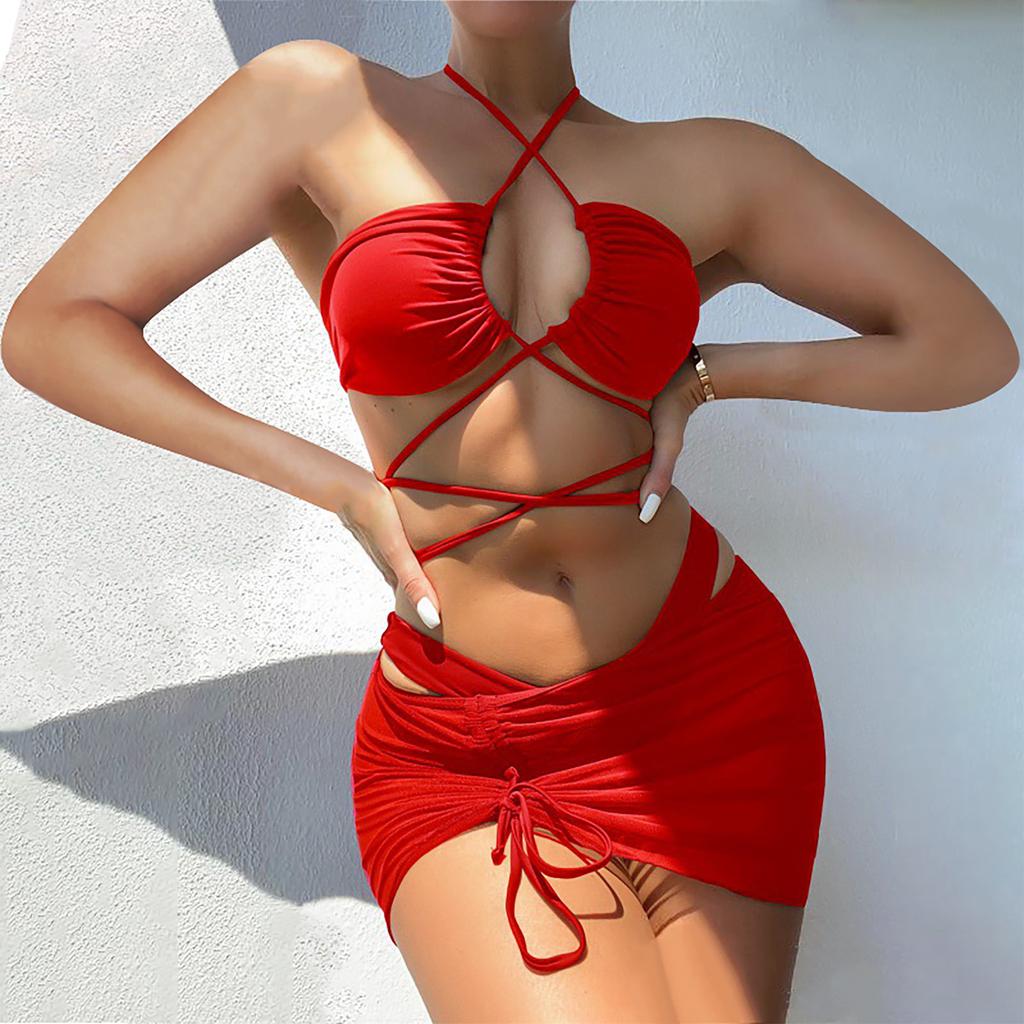 Women's Summer Fashion Sexy Color Backless Lace-up Waist Pleated Knotted Bikini Three-pieces Swimsuit