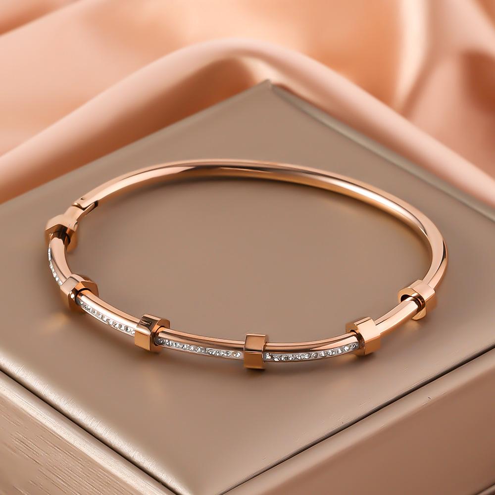 Trendy Round Cubic Zirconia Bangles For Women Men Gold Color copper Color Stainless Steel Crystal Bangle Party Zircon