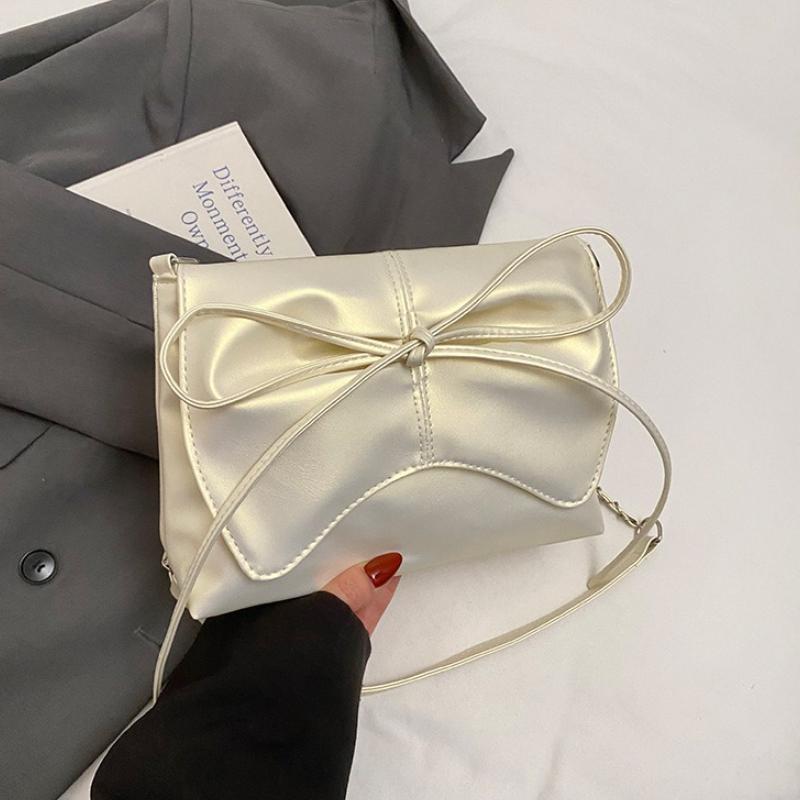 Fashi Bow Pleated Design Shoulder Bags for Women Versatile Ladies Square Crossbody Bag Solid Color Sweet Girls Pu Handbags