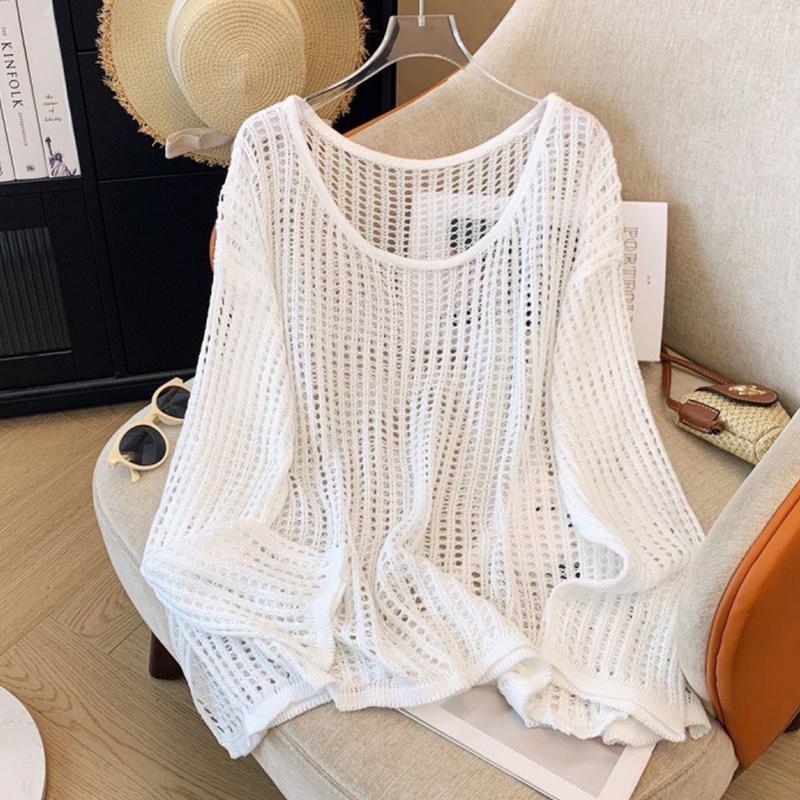Hollow Knitted Women's Summer Lazy Loose Sun Protection Blouse Round Neck Design Long Sleeve Versatile Tops