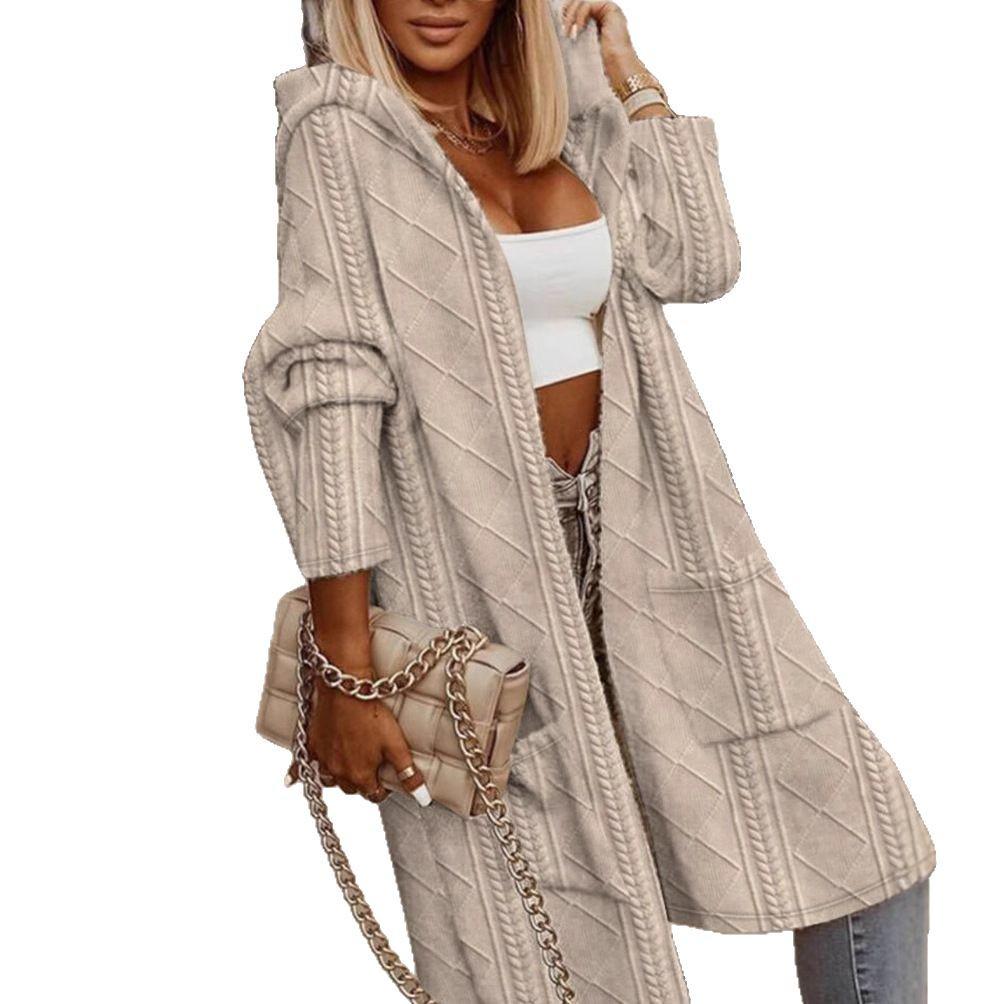 2023 Herbst/Winter Damen Einfarbig Kapuzenstrickjacke aus Wolle