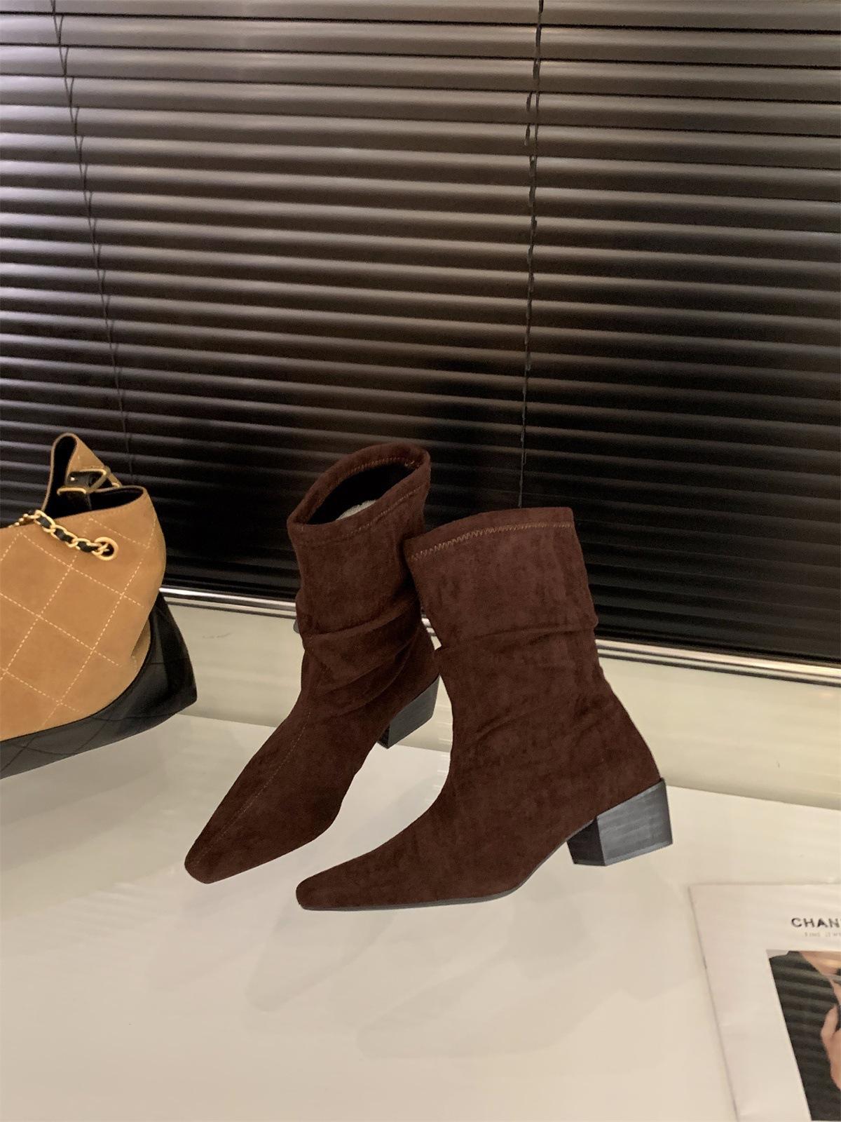 

High Heel Pointed Suede Martin Boots Pile Medium Boots Women s Boots 2025 Autumn and Winter Skirt Boots Short Boots 40