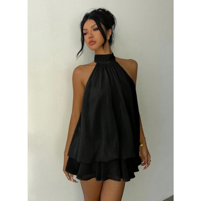 Fashion Sexy Backless Halter Neck Slim Waist Solid Color Women Mini Dress