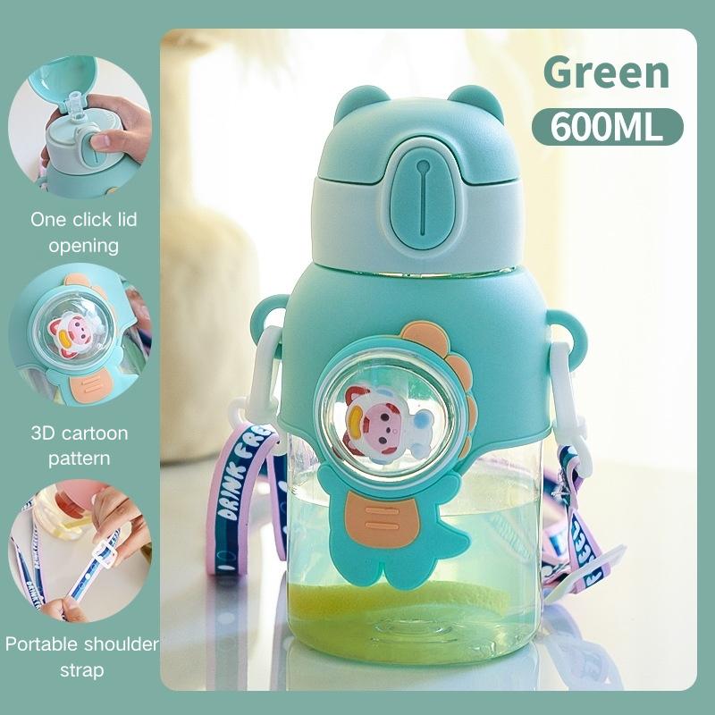 600ML Summer Water Cup Leak-proof Water Bottle With Straw Kawaii Kettle Cartoon Pattern Portable Plastic Water Cup Drinking Cup