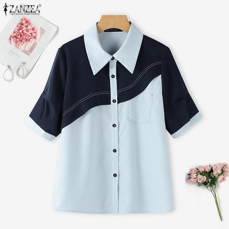 ZANZEA Women Turn Down Collar Casual Short Sleeve Patchwork Blouse