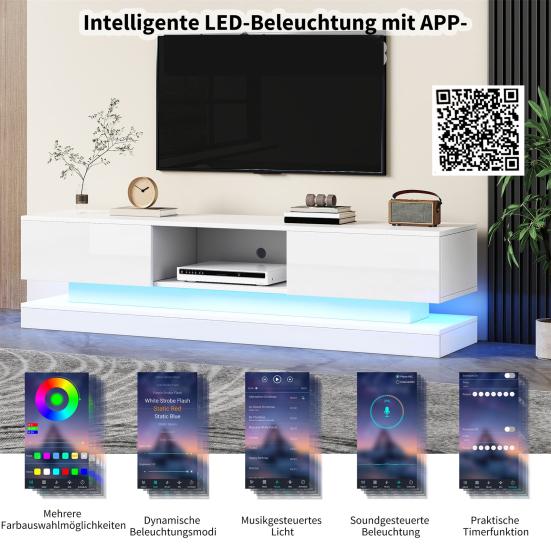 TV Media Cabinet, White High-Gloss TV Cabinet with LED Light, 2 Drawers, App Control, Anti-Tilt Design, for 60-Inch TV