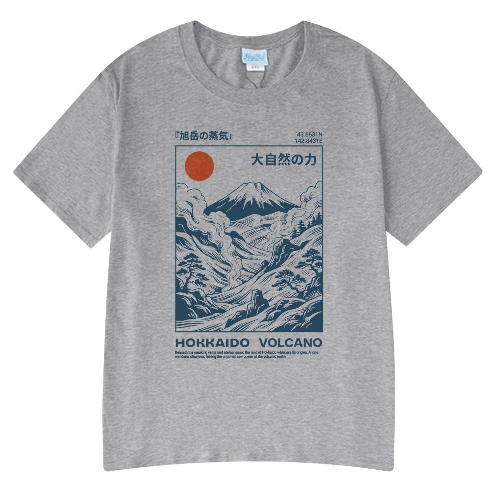 Hokkaido Volcano Illustration T-shirt Retro Okiyo-e Style Japanese Mountain Art TShirt Unisex Short Sleeve Cotton Casual Streetwear