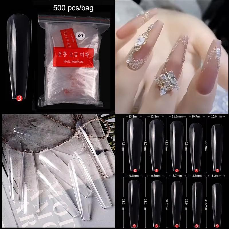500pcs/bag Coffin False Nail Tips Clear Ballerina Stiletto Rounded Square Acrylic Fake Nails Extension System UV Gel Manicure