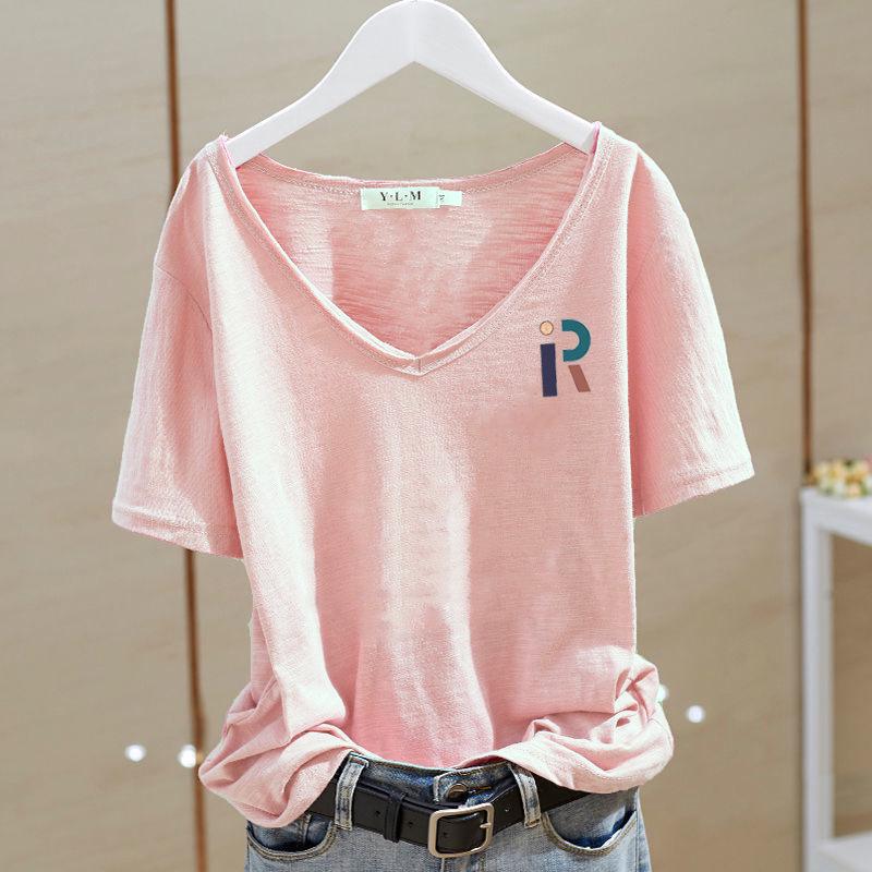 Damska koszulka z dekoltem V, krótkim rękawem, wykonana z bawełny bambusowej - Lato 2025, Styl koreański, Casualowa, Biała baza