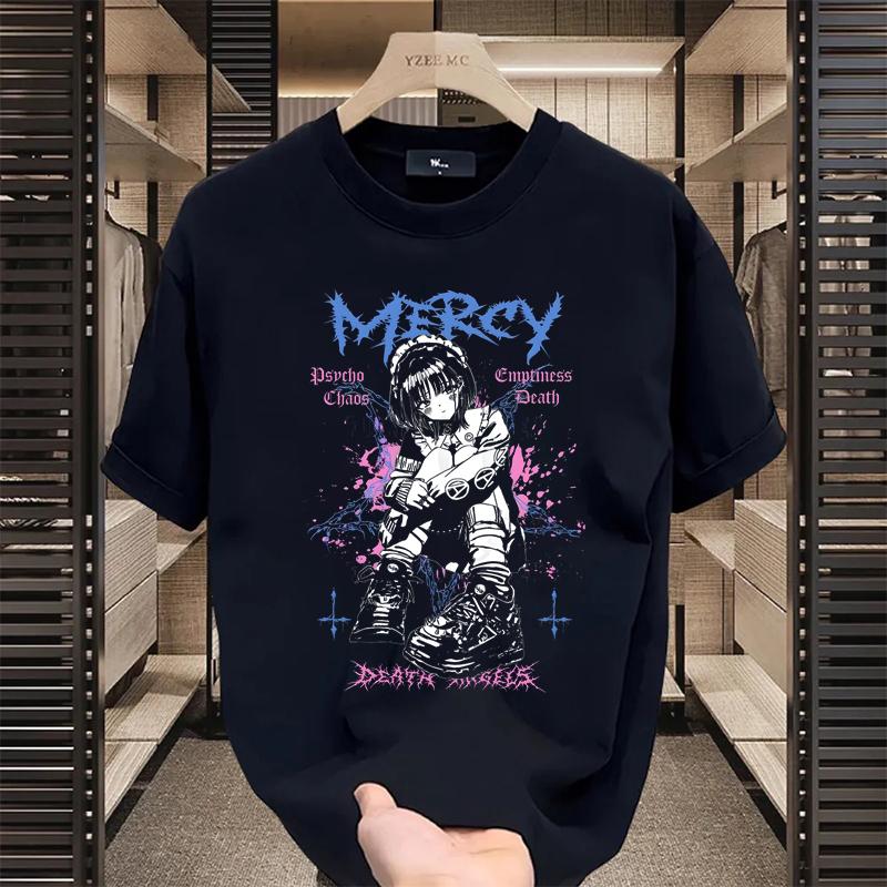 Women's Black Graphic Print T-shirt Avant-garde Skull Corner Design American Classic Retro Anime Girl Street Short Sleeve Couple