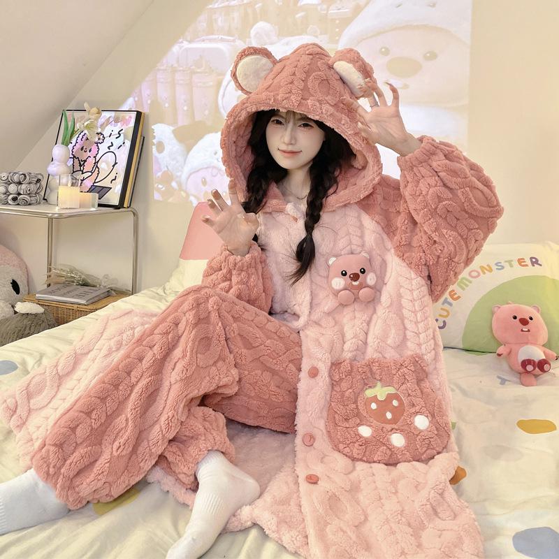 Women's Winter Plus Velvet Coral Fleece Nightgown - Cute Thick Flannel Home Wear