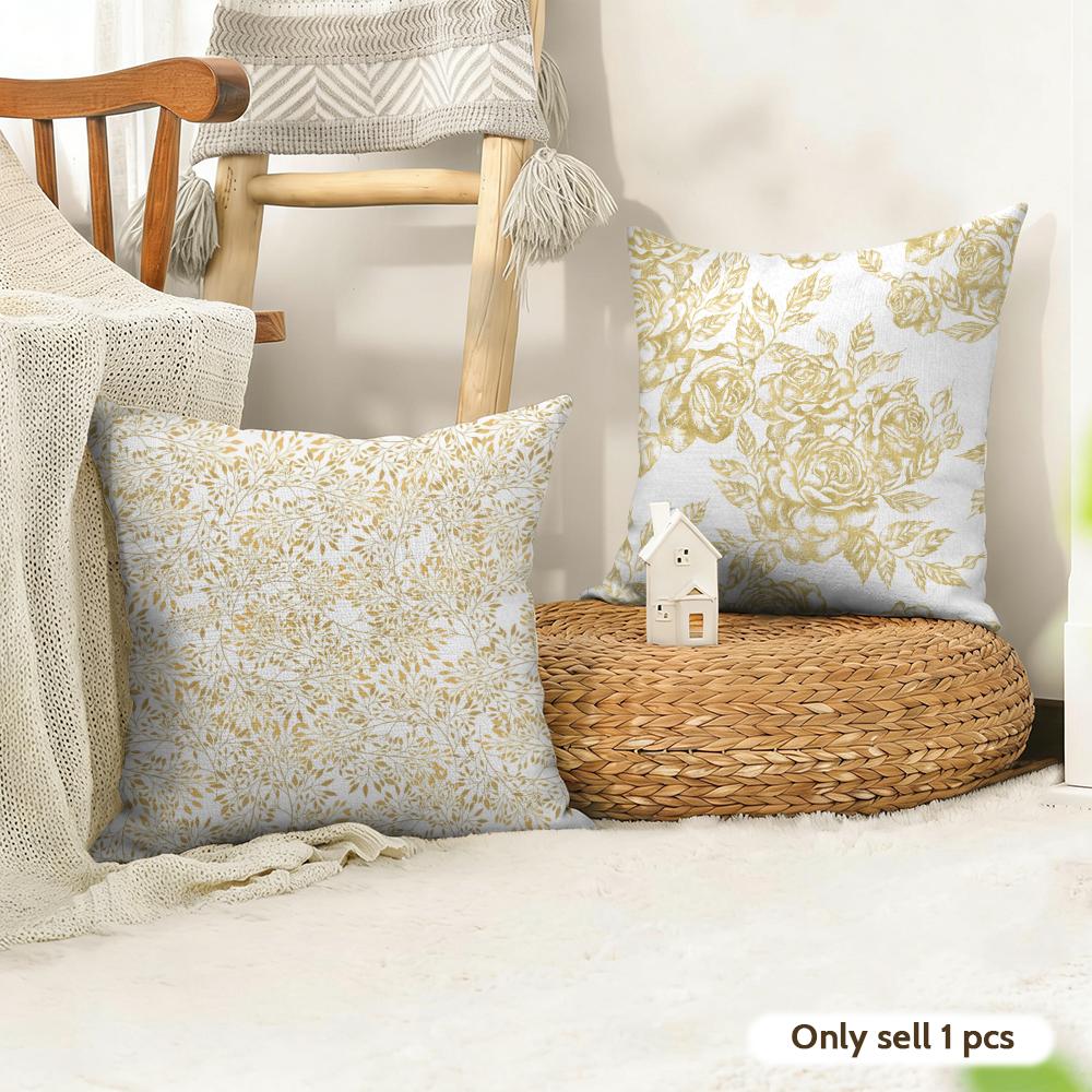 Gold Leaf Flower Cushion Cover Natural Linen Organic Fabric DoubleSided Printing Couch Pillow Covers Home Decor
