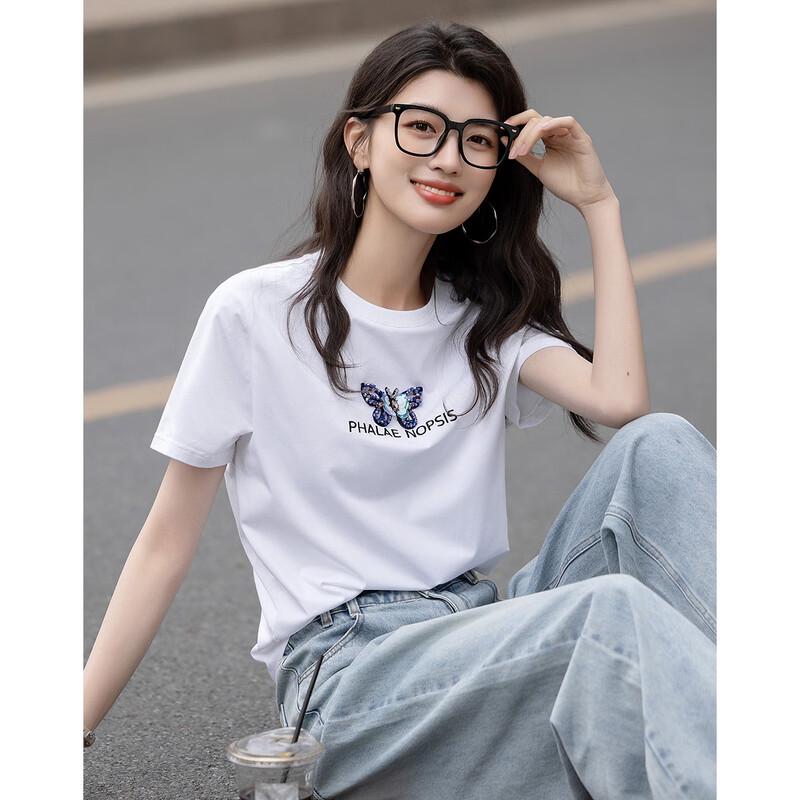 Demana Women s Sequin Embroidered Cotton Blend Short Sleeve T-Shirt S