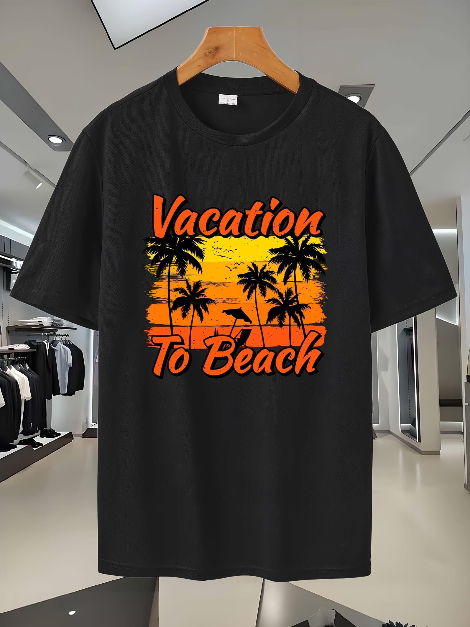 Sporty Casual Short Sleeve T-shirt with Tropical Vacation Print - Black & Orange Graphic Tee for Gym M