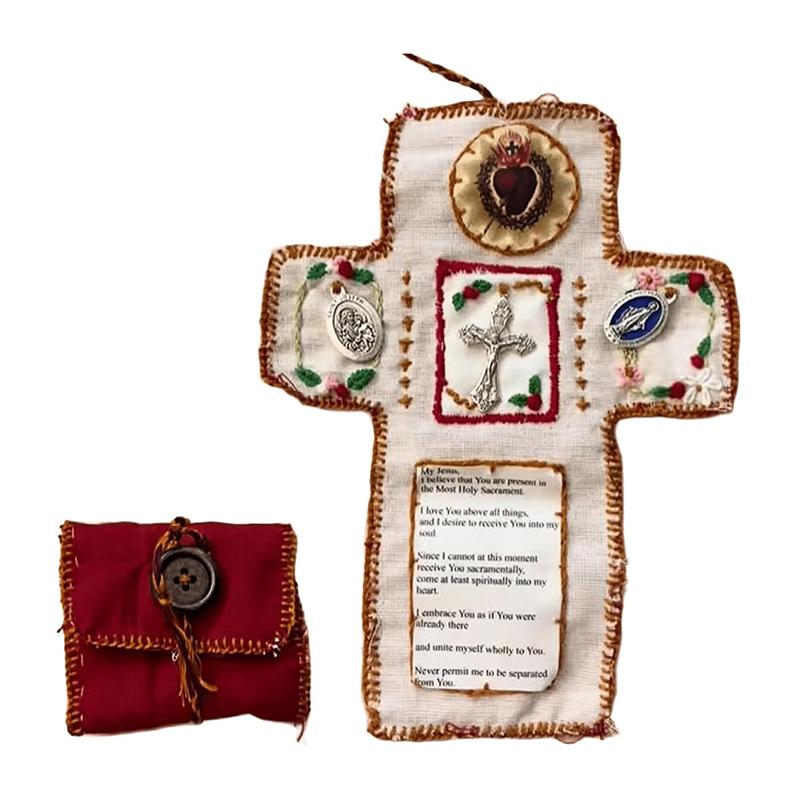 Santuario de Bolsillo con Cruz de Plata Incluida en el Interior, Colcha de Oración Hecha a Mano, Mini Colchas de Escrituras, Regalos Espirituales Cristianos
