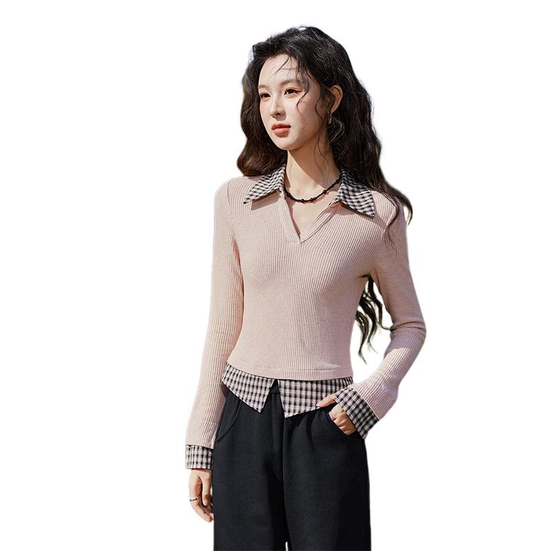 

MiXiu Women s Plaid Stitching Fake Two-Piece Top S