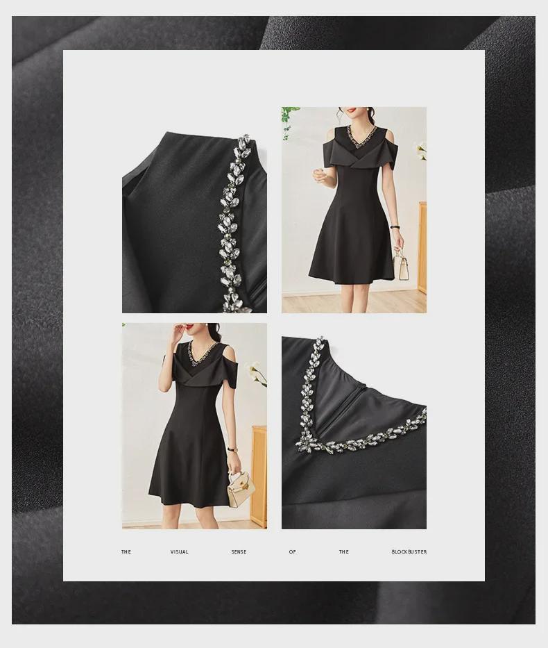 Nanyou Elegant Diamond V-Neck Off-Shoulder Slim Dress for Women