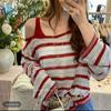 Korean Style Striped Sun Protection Knit Top - Women's Fashion Slimming Short Sleeve