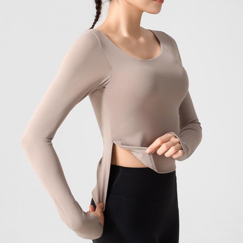 Yoga clothes new long-sleeved nude high elastic sports t-shirt women's one-piece fixed cup high-end fitness clothes spring and summer
