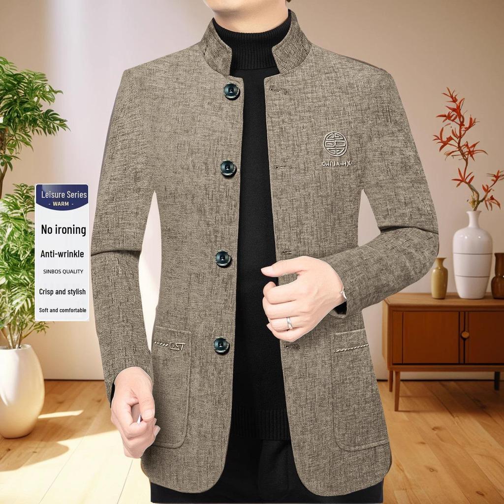 Men's Ethnic Style Woolen Stand-Up Collar Jacket - Business Casual, Warm Winter Wear for Middle-Aged Dads