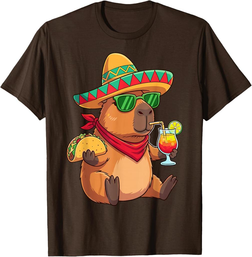 Capybara Sombrero Taco Drink Summer Fiesta Graphic Tee Shirt Casual Breathable Men