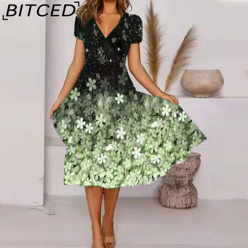 

BITCED Платье миди большого размера с V-образным вырезом и коротким рукавом, повседневное, с цветочным принтом и высоким подолом XXXXXL