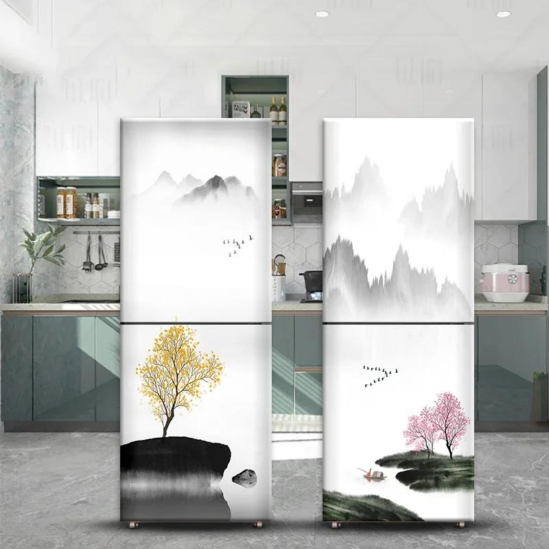 Chinese Style Refrigerator Door Sticker Self Adhesive Waterproof 3D Wallpaper Fridge Door Wrap Mural Cover Home Kitchen Decor