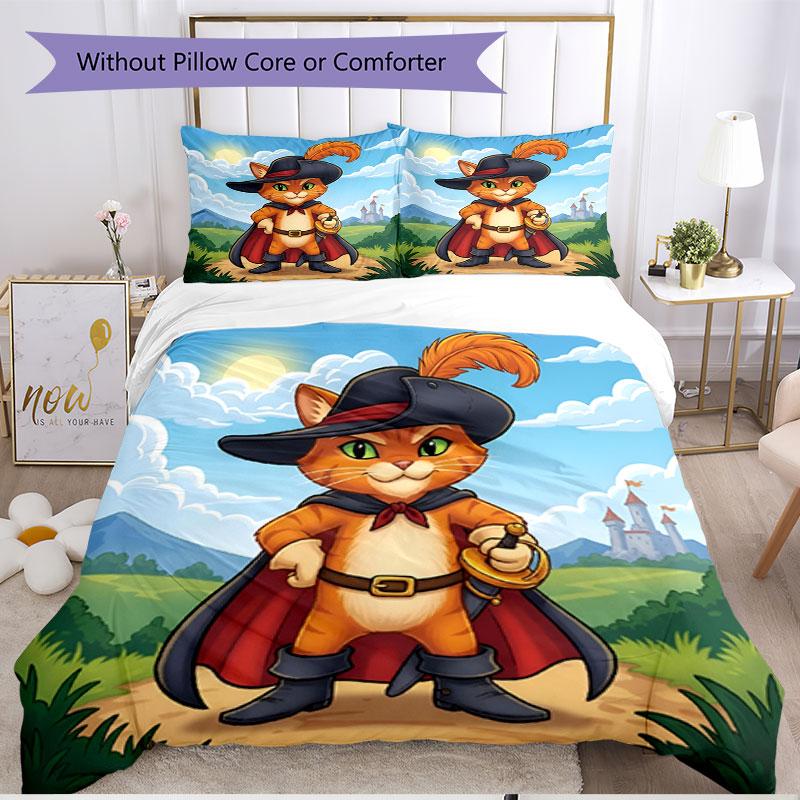3pcs Duvet Cover Set (1*Duvet Cover + 2*Pillowcase, Without Core), Puss In Boots Print Soft All‑Season Bedding Set, Home Bedroom Decor Gift