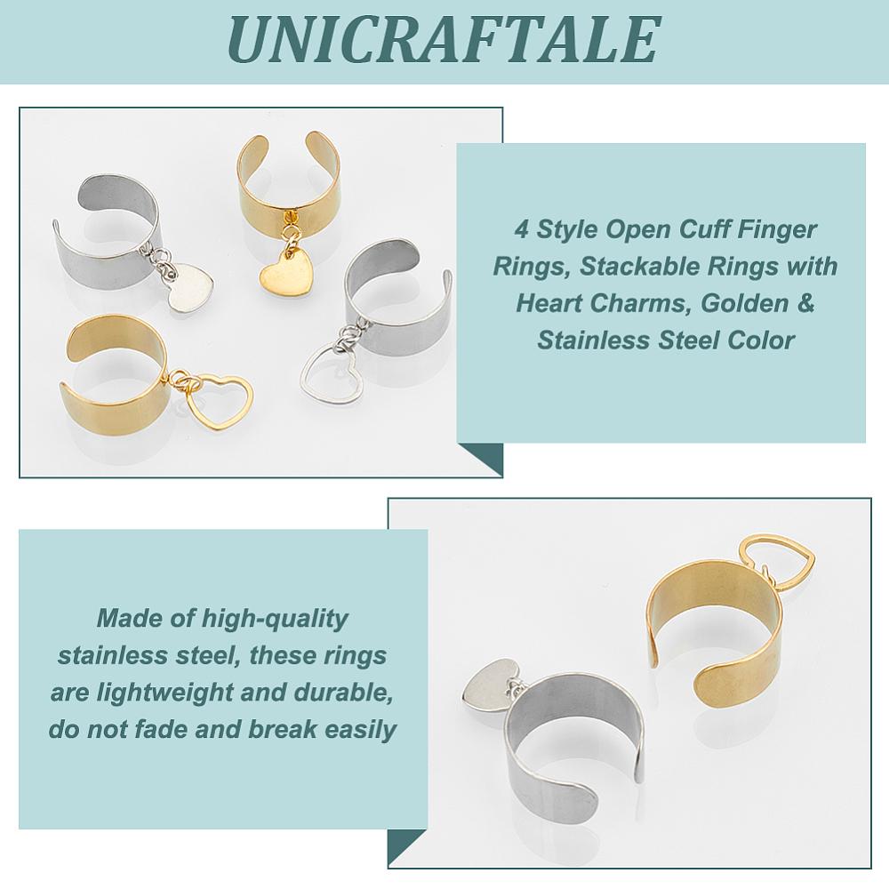 8Pcs 4 Style 304 Stainless Steel Open Cuff Finger Rings Stackable Rings with Heart Charms Golden & Stainless Steel Color Inner Diameter: 17~18mm
