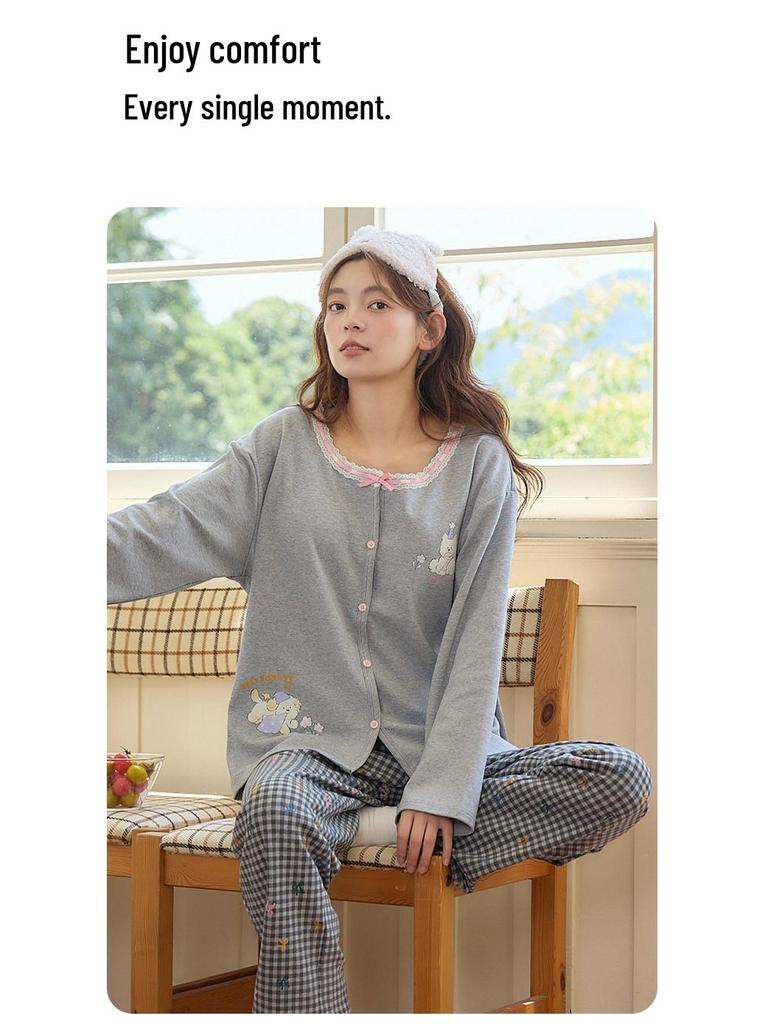 Women's Long-Sleeve, Long-Pant Pajama Onesie with Built-in Bra Pad, Round Neck, Wearable Outdoors, Cute for Home or Casual Wear
