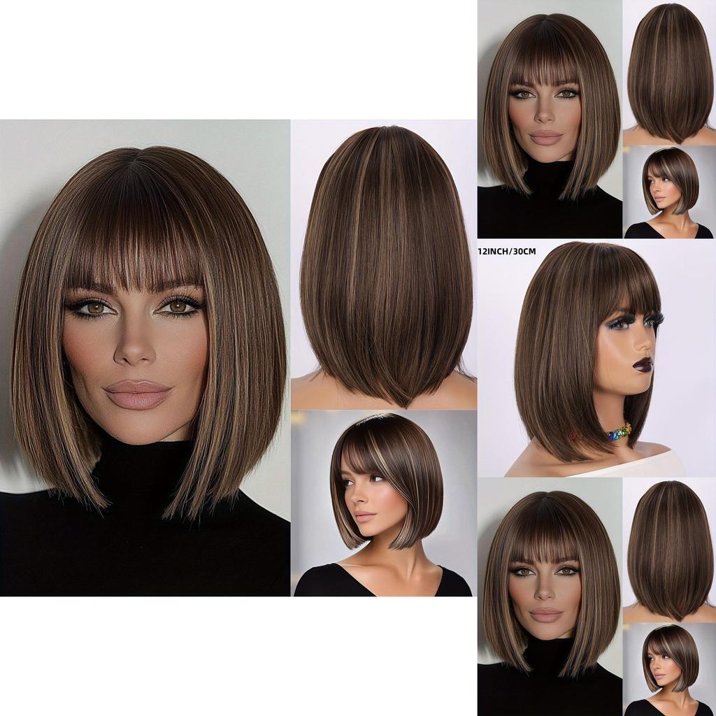 Short Brown Wig With Bangs For Women Hightemperature Fiber For Stylish Looks