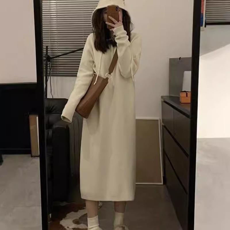 Long Knitted Hooded Dress Women's Loose New Sweater Skirt Autumn and Winter with Coat, Thin Inside