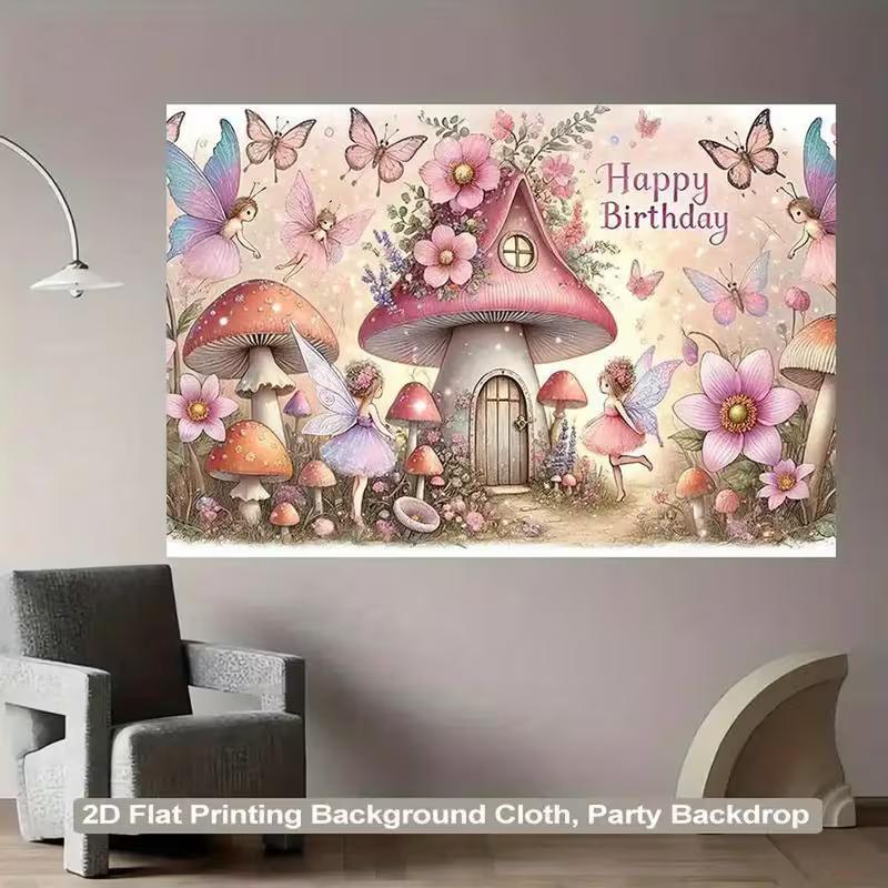 2D Whimsical Fairy Garden with Mushroom House Happy Birthday Backdrop