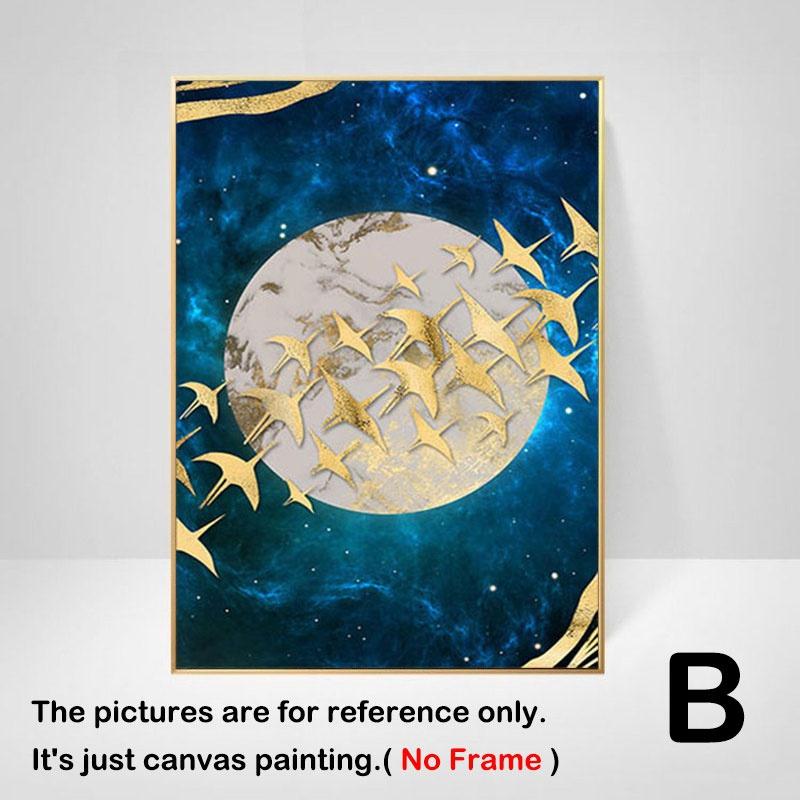 Unframed Abstract Golden Moon Canvas Art Painting Mountain Birds Nordic Posters and Prints Wall Pictures for Living Room Bedroom Home Decor
