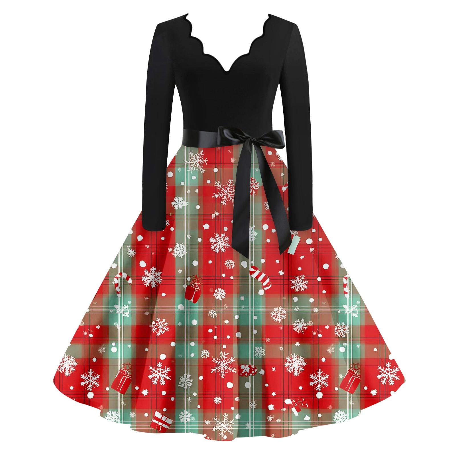 

Женское повседневное модное платье с V-образным вырезом и винтажным принтом на рождественскую тематику XL винный