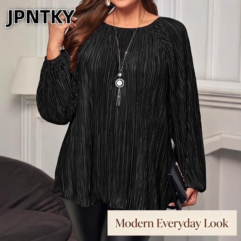 QICED Women's Fashion Casual Solid Color Print O-Neck Long Sleeve Blouses & Shirts