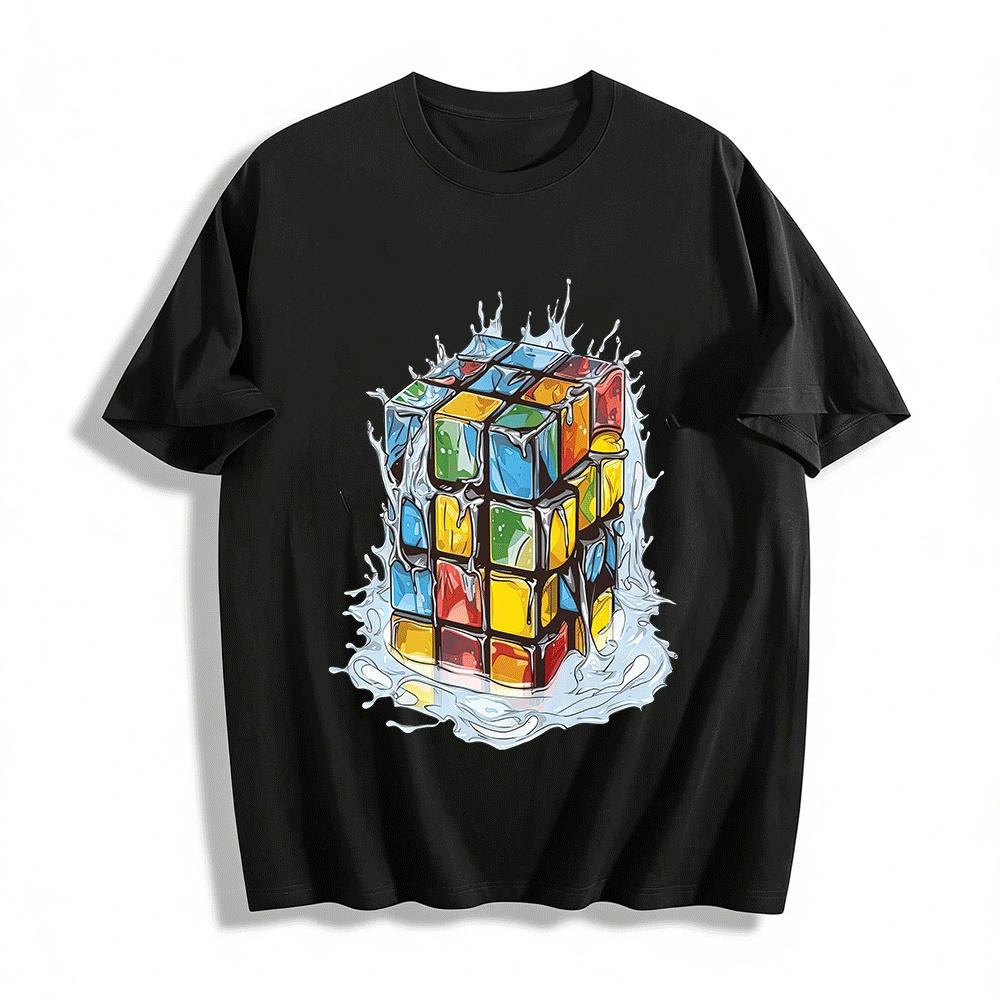 Fun Rubik s Cube Splash Graphic Casual Short Sleeve T-Shirt Pure cotton T-shirt XXS