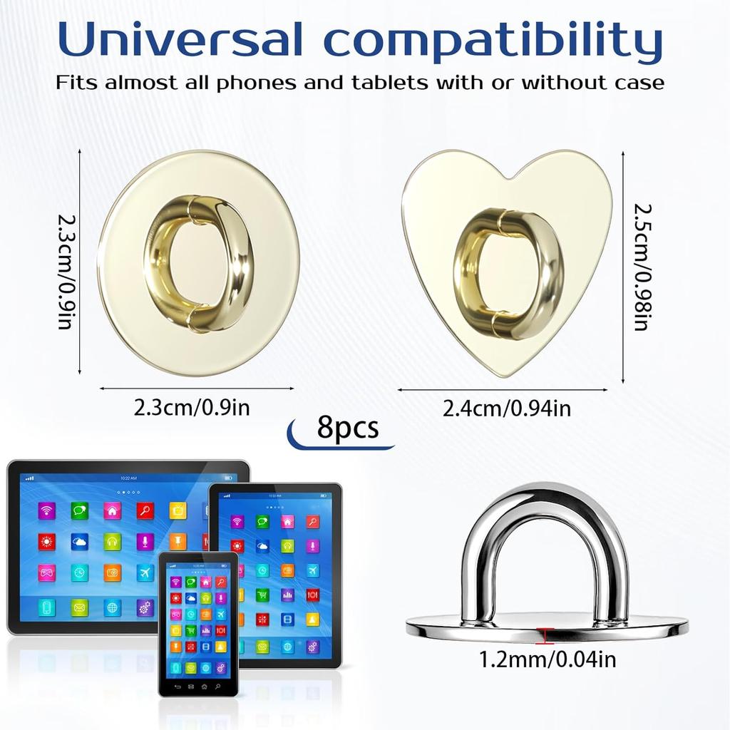 8pcs Cell Phone Finger Ring Metal Phone Finger Grip Hook for Back Adhesive Phones Charm Holder Heart Fingers Grip Loop Stand Ring Holder Accessories